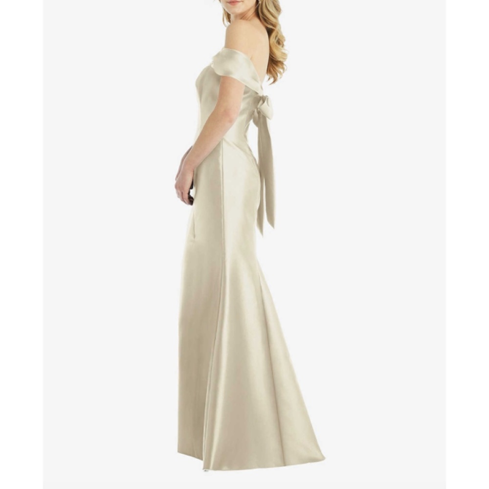 Alfred Sung Champagne Beige Off the Shoulder Bow Back Satin Dress - Picture 2 of 10